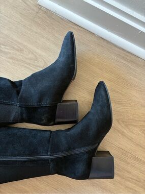 Aquatalia black suede and stretch knee boots with block heels
